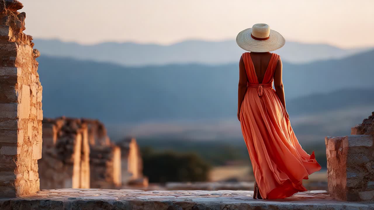 A Woman in a Flowing Orange Dress and Wide Brim Hat Stands Before Ancient Ruins at Sunset, Capturing the Beauty of Nature and History in a Serene Landscape