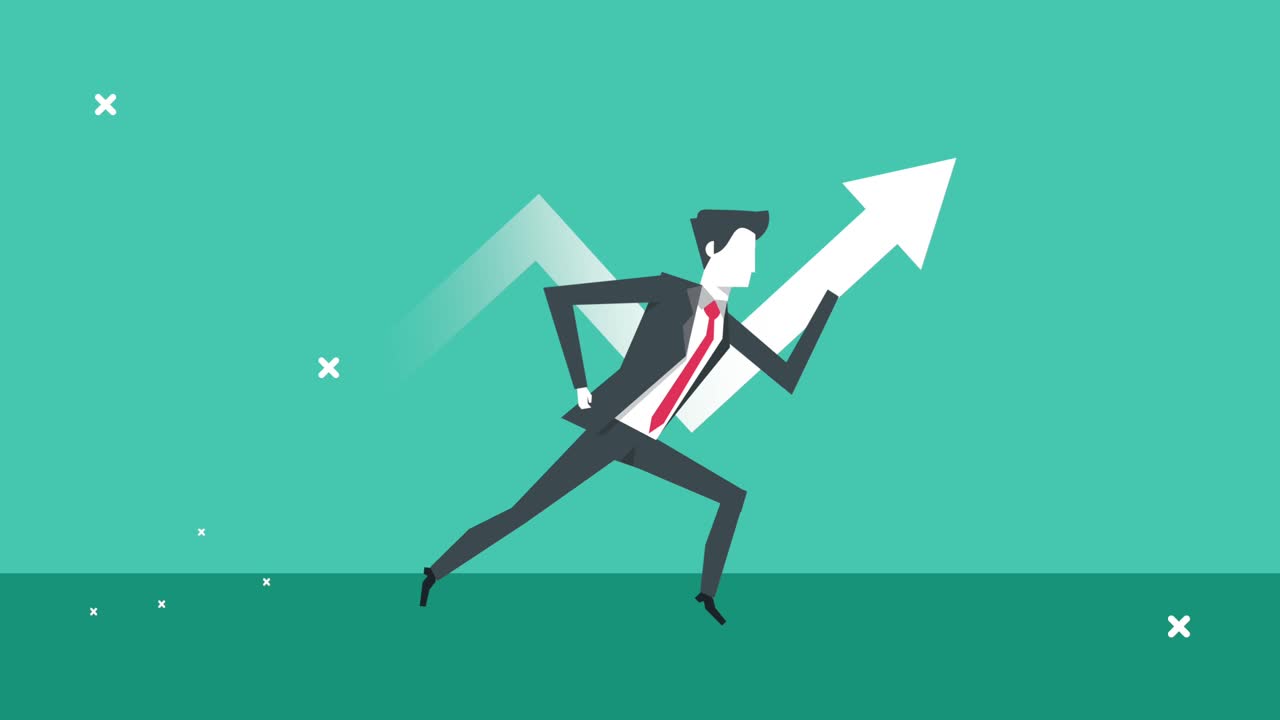 elegante hombre de negocios corriendo con las estadísticas flecha