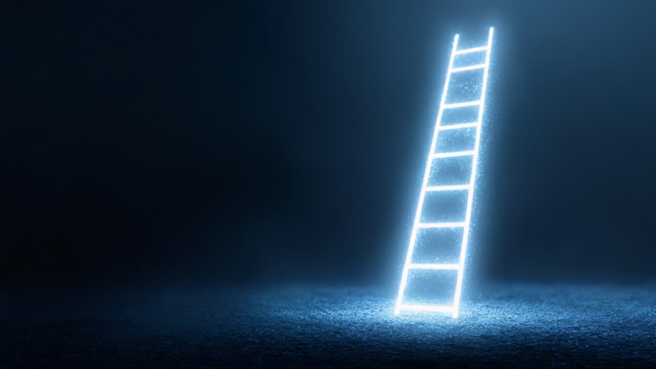 A Glowing Ladder Emerges from the Shadows: An Ethereal Exploration of Light and Space Capturing the Essence of Aspiration and Journey Through a Mysterious Atmosphere