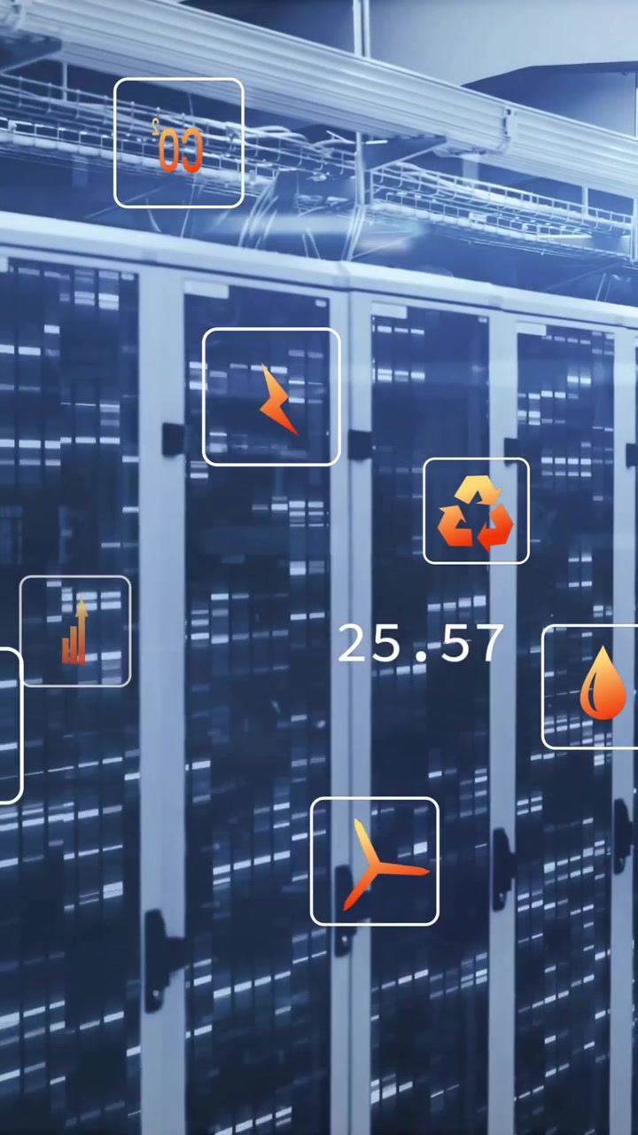 Animation of data processing and ecology icons over server room