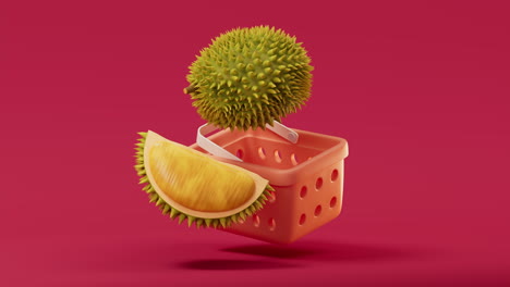 animación de bucle de durian con cesta de compras, renderización en 3d.