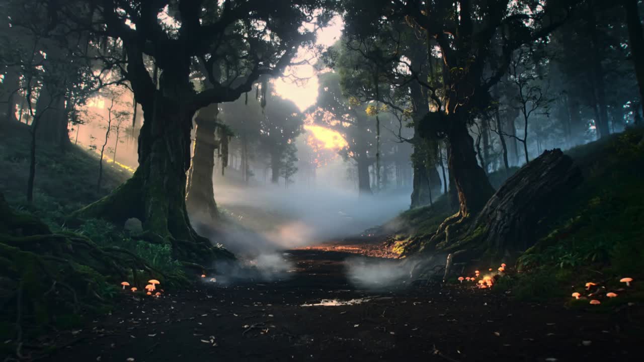 Leggera foschia sotto la volta degli alberi che turbina tra i tronchi muschiosi lungo il sentiero, mostrando funghi luminosi
