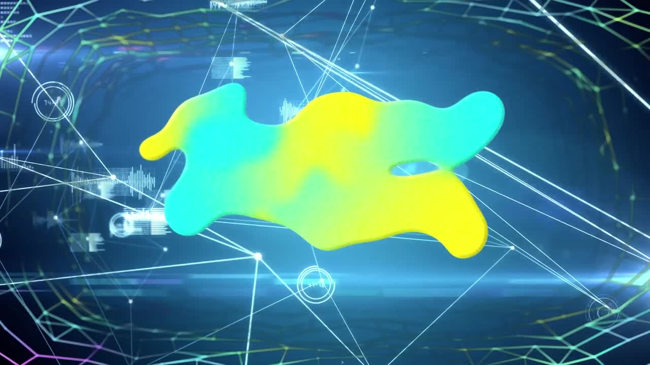 파란색 배경에 데이터 처리를 가진 연결 네트워크를 통해 녹색 블롭의 애니메이션