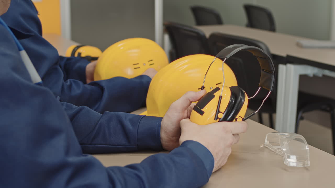 Factory Workers Holding Noise-Cancelling Headphones