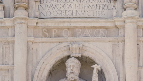 arco santa maria city gate in burgos, spain, close up tilt up