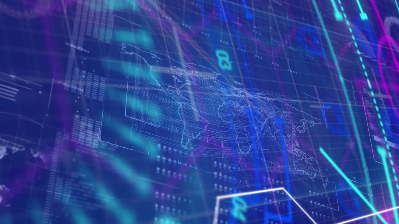 animación de escaneo de alcance y procesamiento de datos con mapa del mundo sobre fondo azul