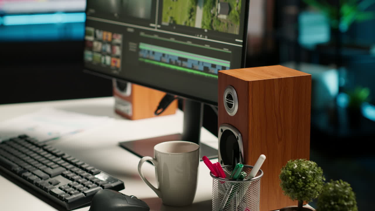 Young man video creator working on editing a movie montage project