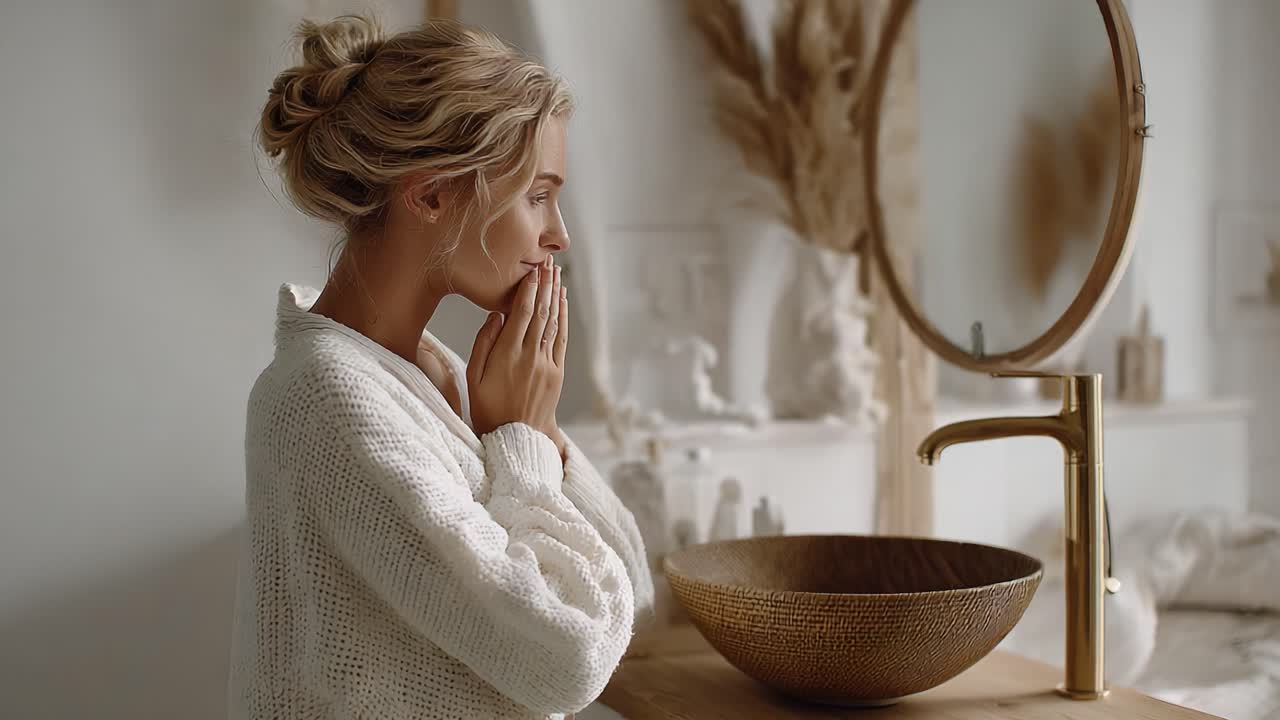 Un sereno momento dedicato alla cura di sé, mentre una donna tocca delicatamente il viso di fronte a uno specchio e un lavabo dal design accattivante, creando un'atmosfera rilassante per la sua routine di bellezza