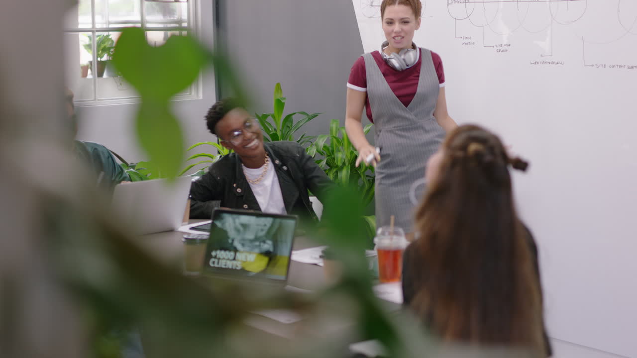 jóvenes empresarios celebrando la raza mixta líder del equipo mujer bailando divertido disfrutando de la victoria bailando estudiantes felices celebran el trabajo en equipo exitoso en la presentación de la fiesta de la oficina tonta