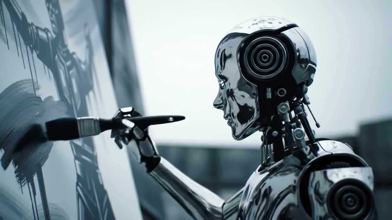 A Futuristic Robot Painter Crafted with Metallic Elegance Captures Artistic Expression Through Brushstrokes on Canvas in a Modern Studio Environment