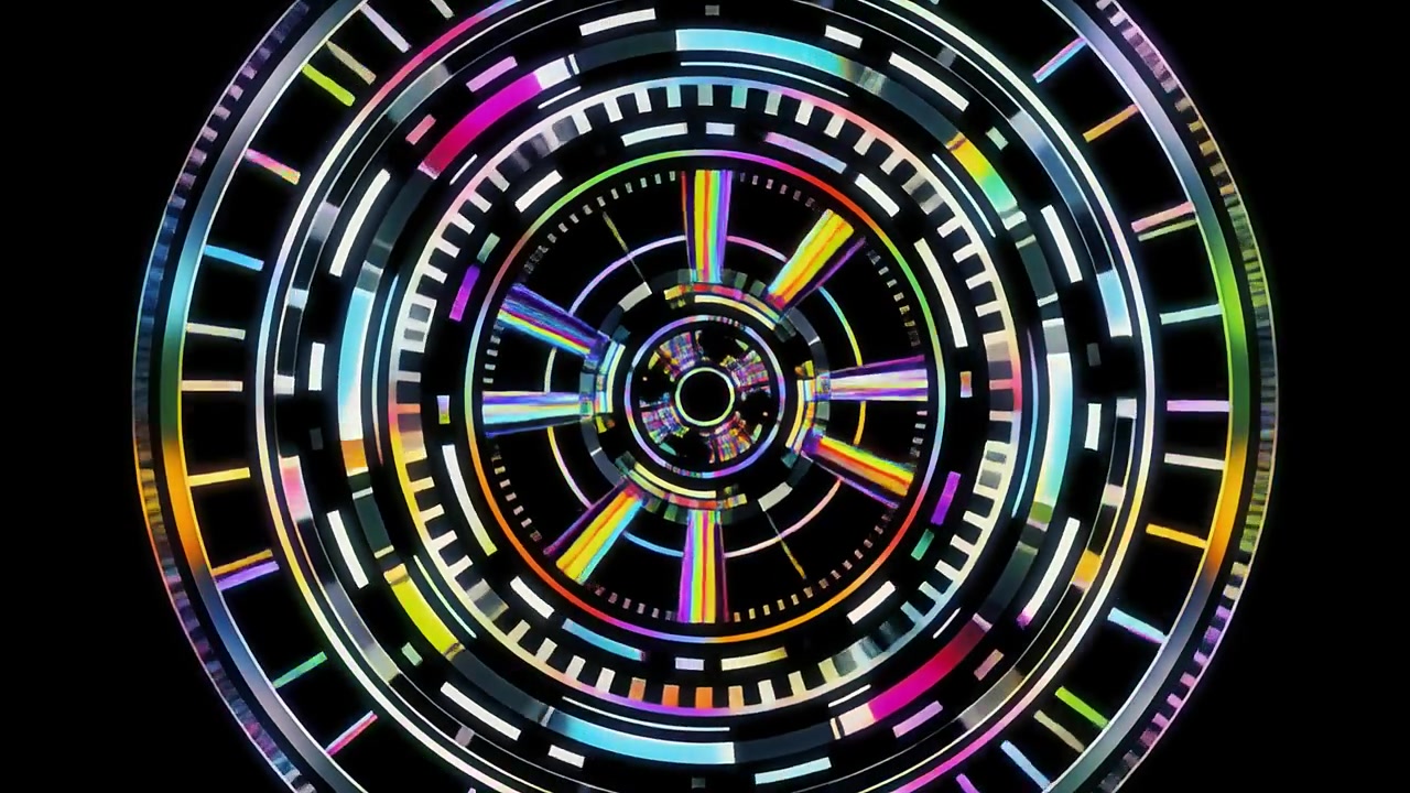 Cerchi Digitali Futuristici Colorati Rotanti su Sfondo Nero