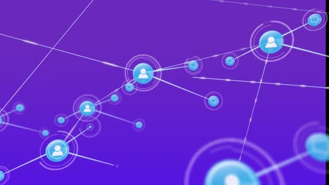 animación de los iconos de los mensajes y perfiles que se interconectan con líneas sobre fondo azul