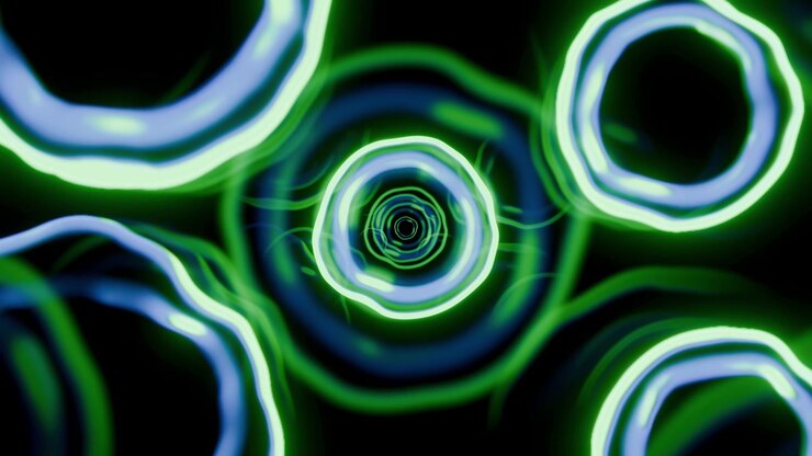 Anéis concêntricos brilhantes verdes e ciano formam uma profundidade de túnel abstrata com círculos em camadas, centro escuro, reflexos suaves, contraste radiante e ritmo visual futurista em fundo preto.