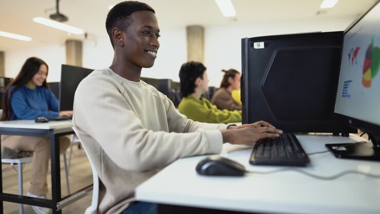 Young multiracial students taking an exam in high school - Education and technology concept