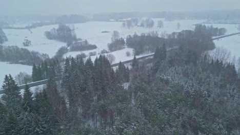 Winter-drone-flight-during-snowfall-over-a-forest-landscape