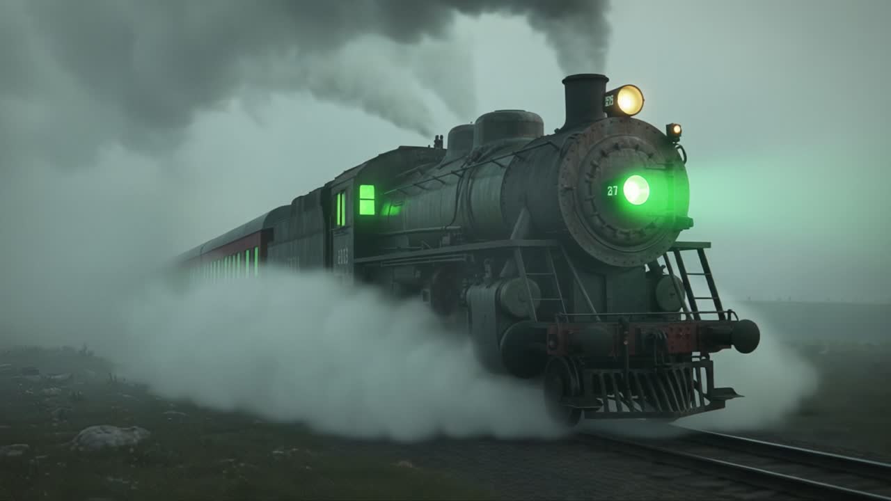 A vintage steam locomotive chugs along a misty track, emitting green light from its headlamp, enveloped in swirling smoke as it embarks on a mysterious journey through the fog
