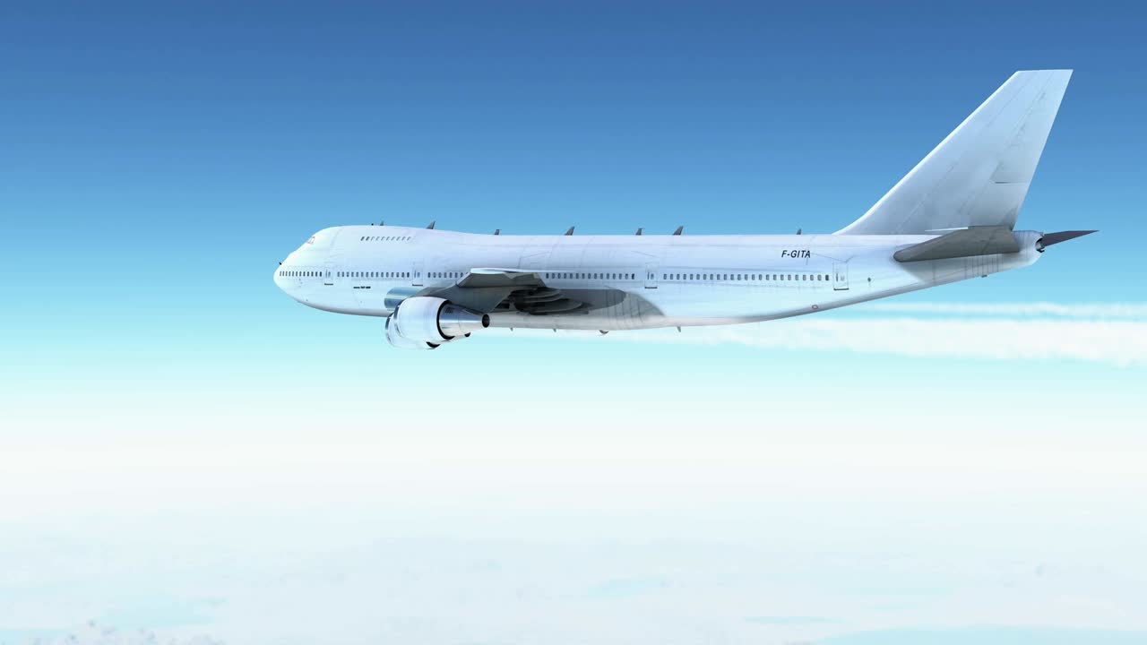 Animation of generic white Boeing 747 passenger jet flying straight and level high above a continuous cloud layer, clear blue sky above