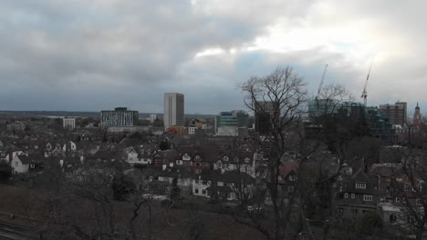 Aerial-of-Croydon-with-view-of-London,-United-kingdom