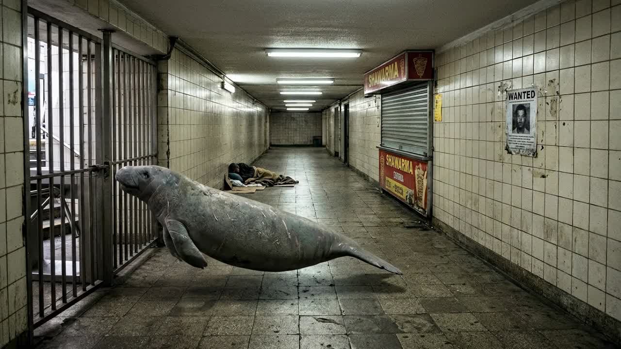 Peixe-boi Flutuando Através de um Túnel de Metrô Subterrâneo de Aspecto Sujo