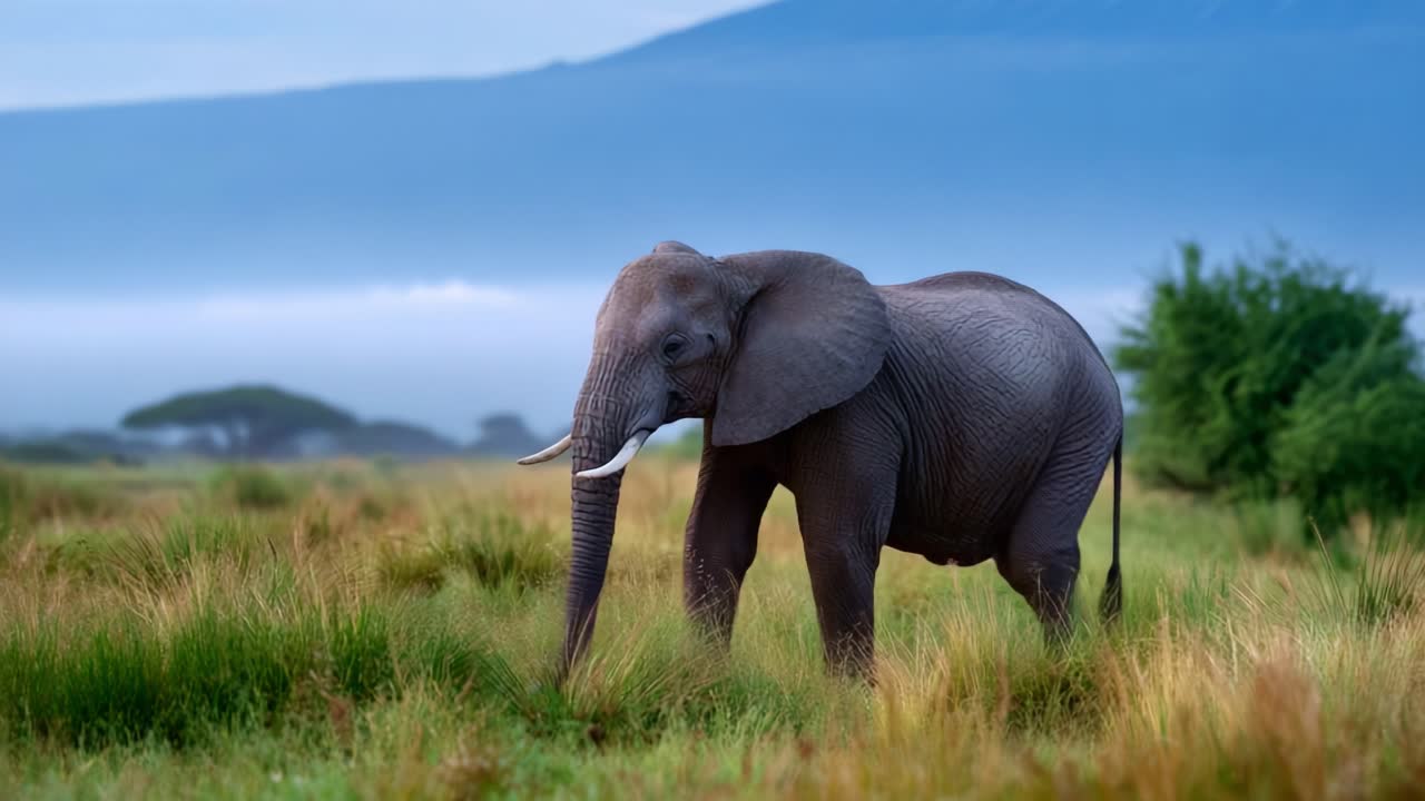 A Majestic Elephant Roaming Through Lush Grasslands Under a Misty Mountain Landscape, Capturing the Essence of Wildlife and Serenity in Nature's Splendor