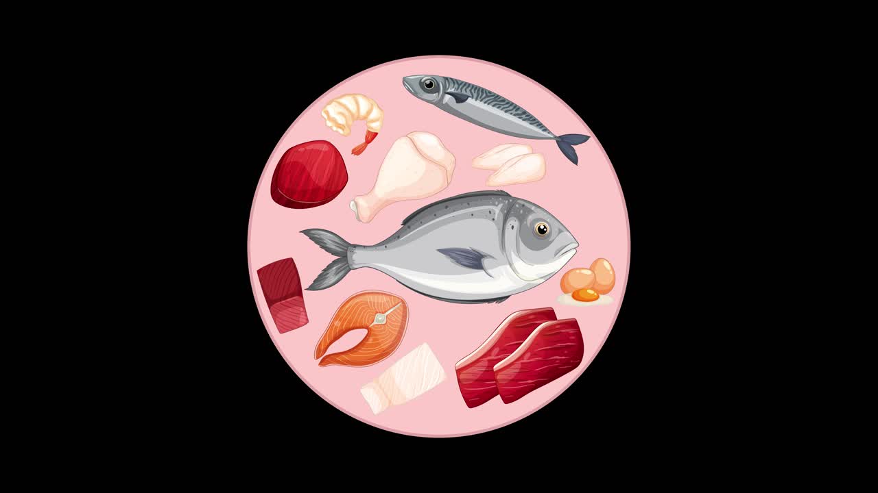 Meat and fish illustrations rotate smoothly inside a pink circle on a solid black background