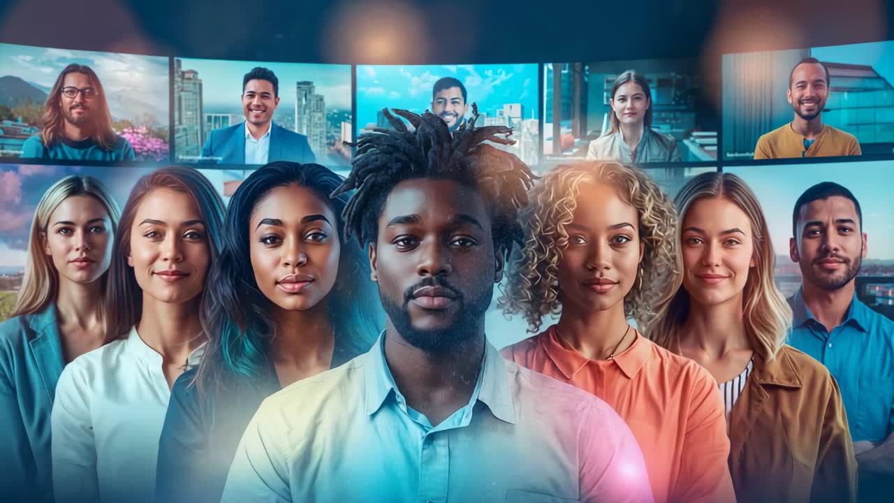 Moving camera focusing on central man in meeting area, emphasizing face, with curved screens