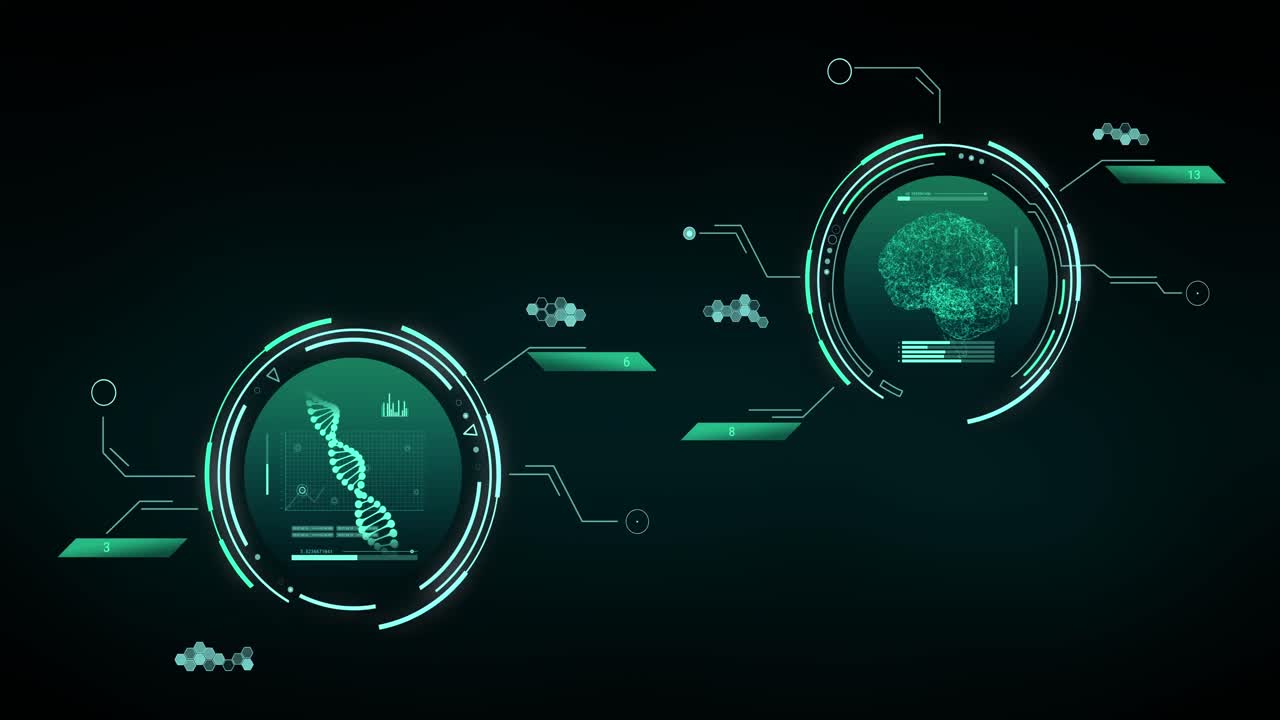 Animation of data processing with dna strand and brain over black background