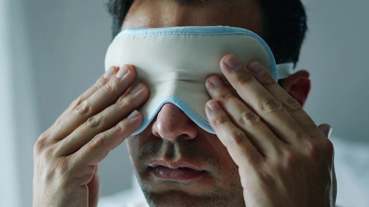 Homem segurando máscara diante dos olhos, com blusa clara, pressionando-a, bloqueando a luz do dia no quarto com a alça.