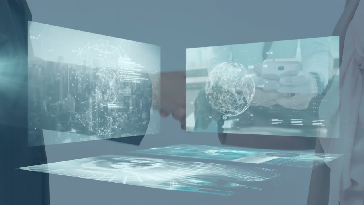 비즈니스맨과 비즈니스맨이 손을 흔들고 있는 중간 섹션에서 데이터 처리 화면