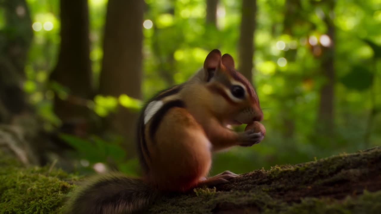 Simpatico chipmunk con una macchia a forma di cuore che mangia una noce nella foresta