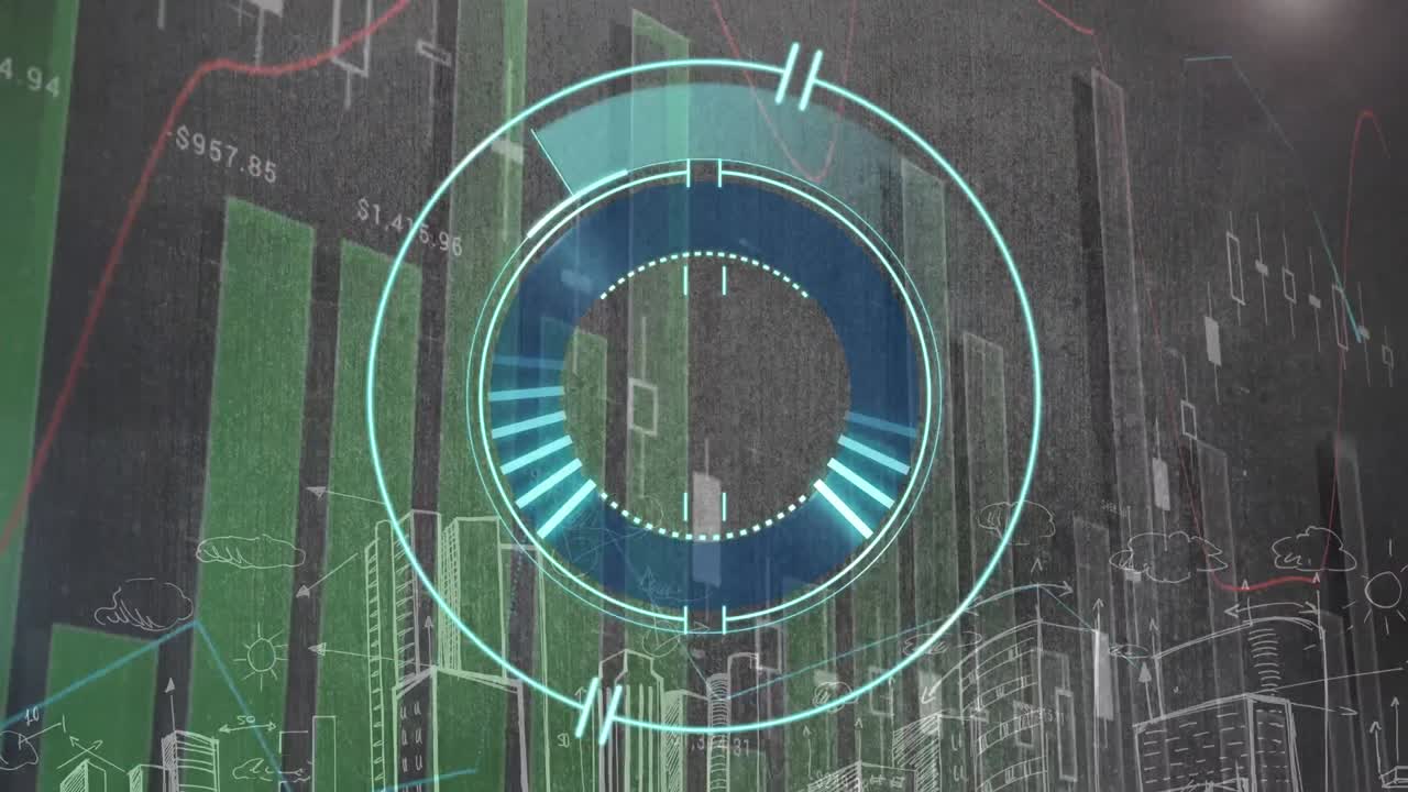 Animation of scope scanning and statistics data processing over cityscape