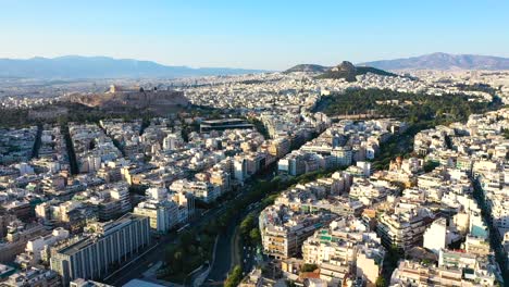 city center of athens, residential buildings, aerial view at sunrise time