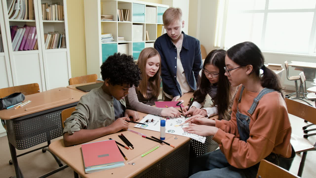 Students collaborating on an art project in a classroom