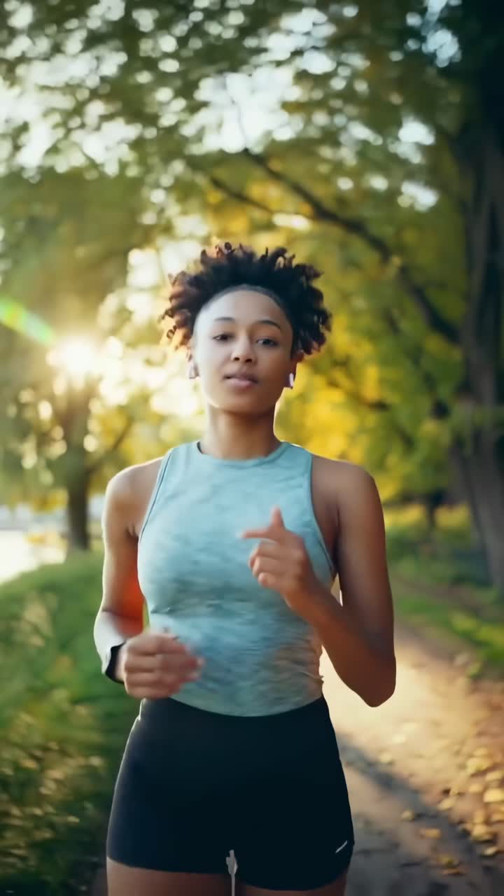 Giovane donna che fa jogging su un sentiero soleggiato in un parco