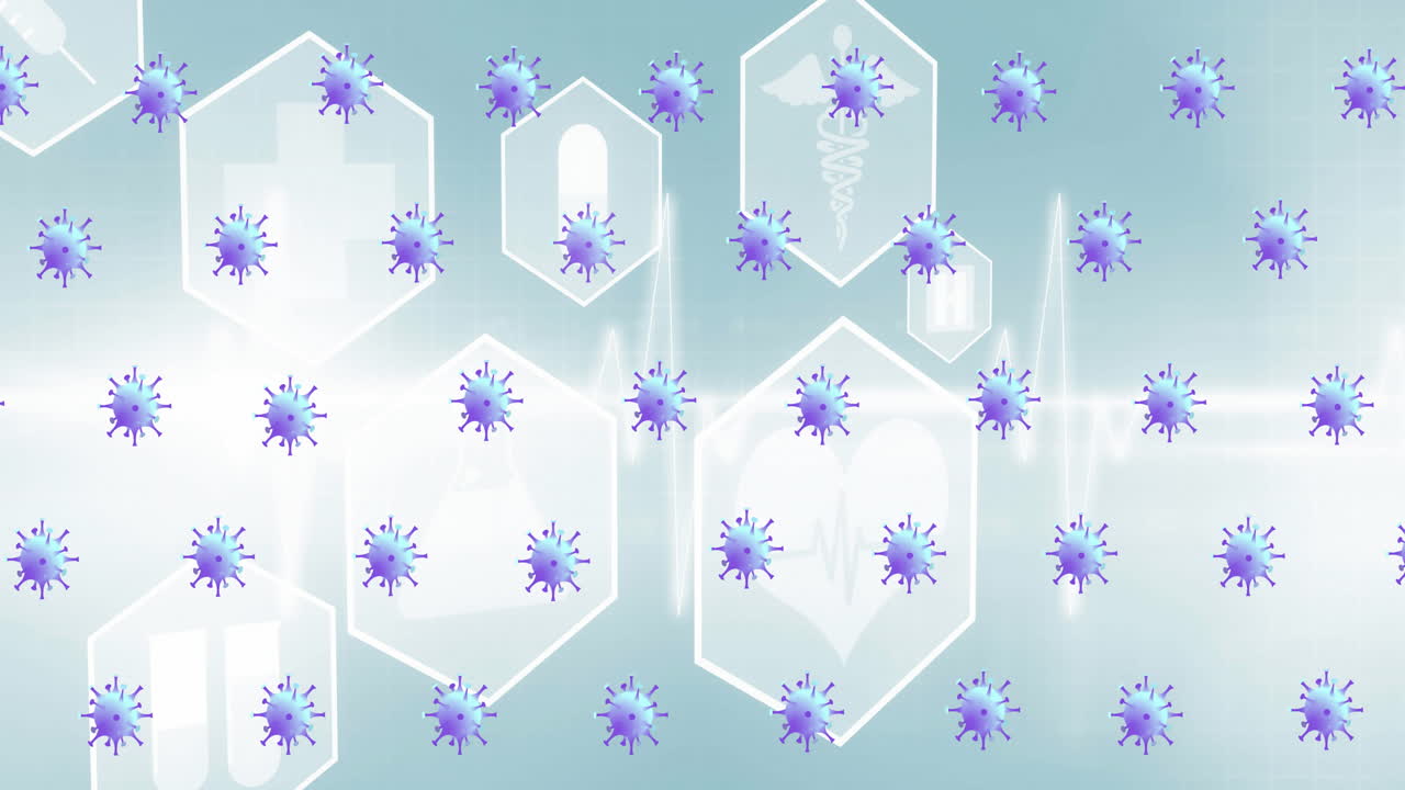 灰色の背景のデジタルアイコンの上に covid-19 ウイルス細胞のアニメーション