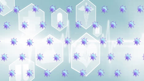 animación de las células del virus covid 19 sobre iconos digitales en fondo gris
