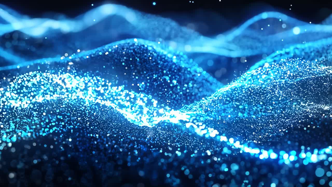 The image is a blue wave with a lot of glitter on it. The glitter is scattered all over the wave, giving it a sparkling and ethereal appearance. The blue color of the wave