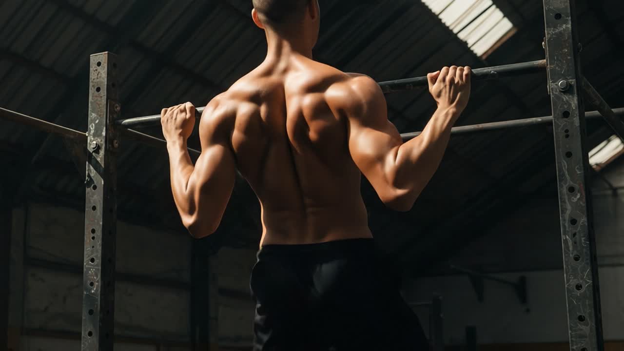 A focused individual performs intense pull-ups, showcasing strength and dedication in a gym environment, emphasizing the power of bodyweight exercises and physical fitness
