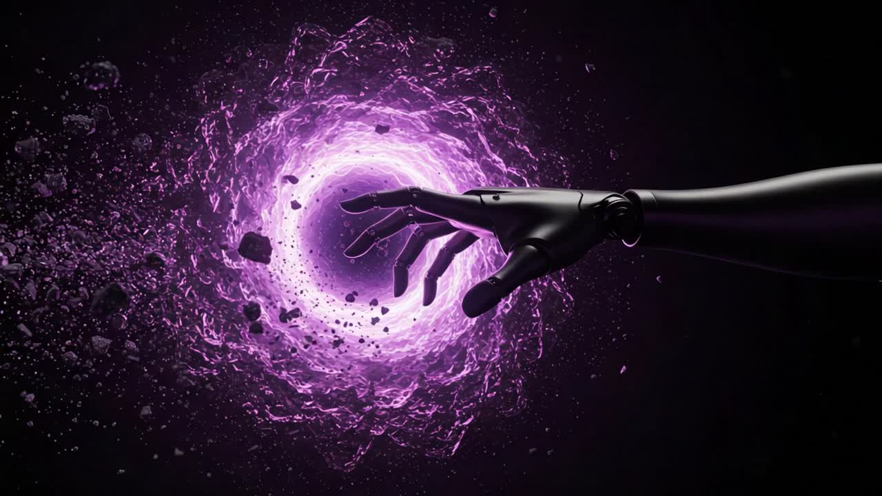 An Intriguing Glimpse of Technology: A Robotic Hand Reaching Toward a Vortex of Energy in a Mesmerizing Deep Purple Glow