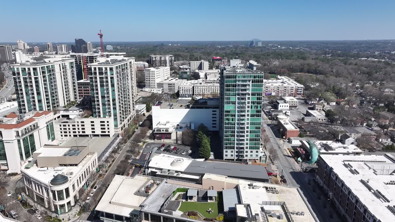 Upscale Buckhead neighbourhood with modern residential and commercial highrise buildings, Atlanta, Georgia, Peachtree Road, Aerial, Establishing shot