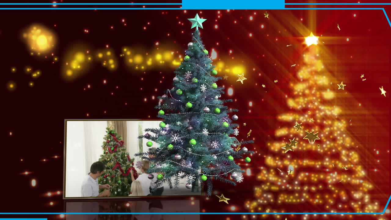 animación del árbol de navidad sobre feliz navidad, nieve y video con árbol de decoración familiar