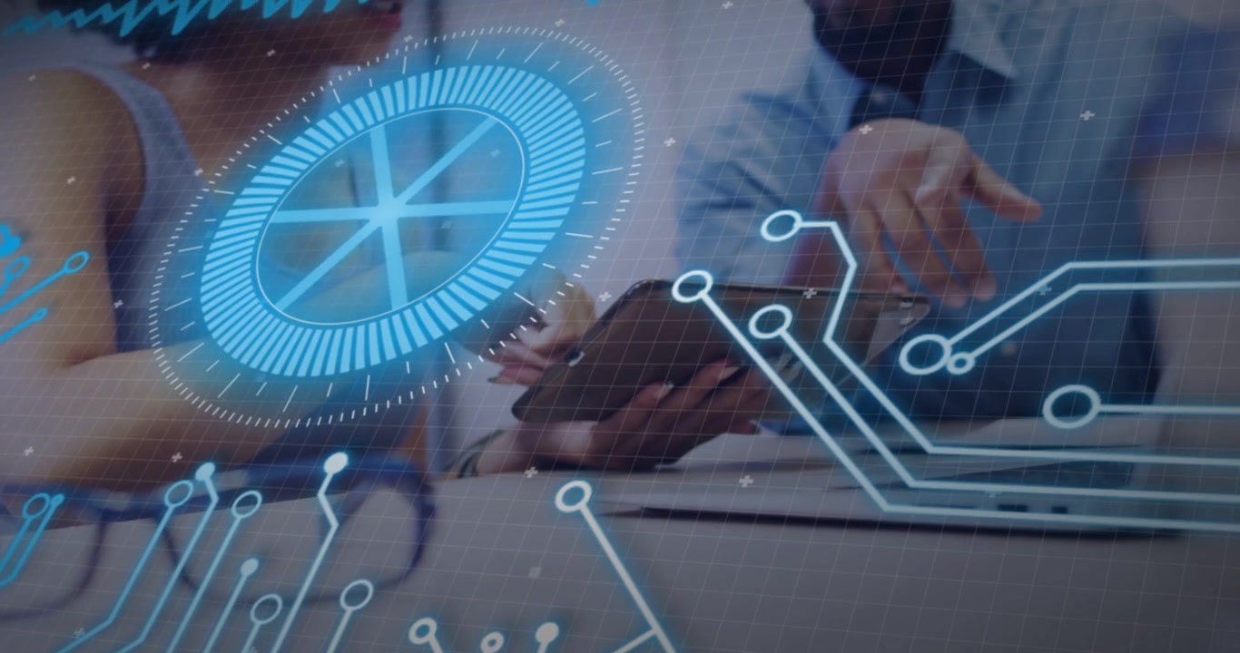 Vertical video: Woman tapping tablet man pointing laptop tap making blue HUD and checking tech data