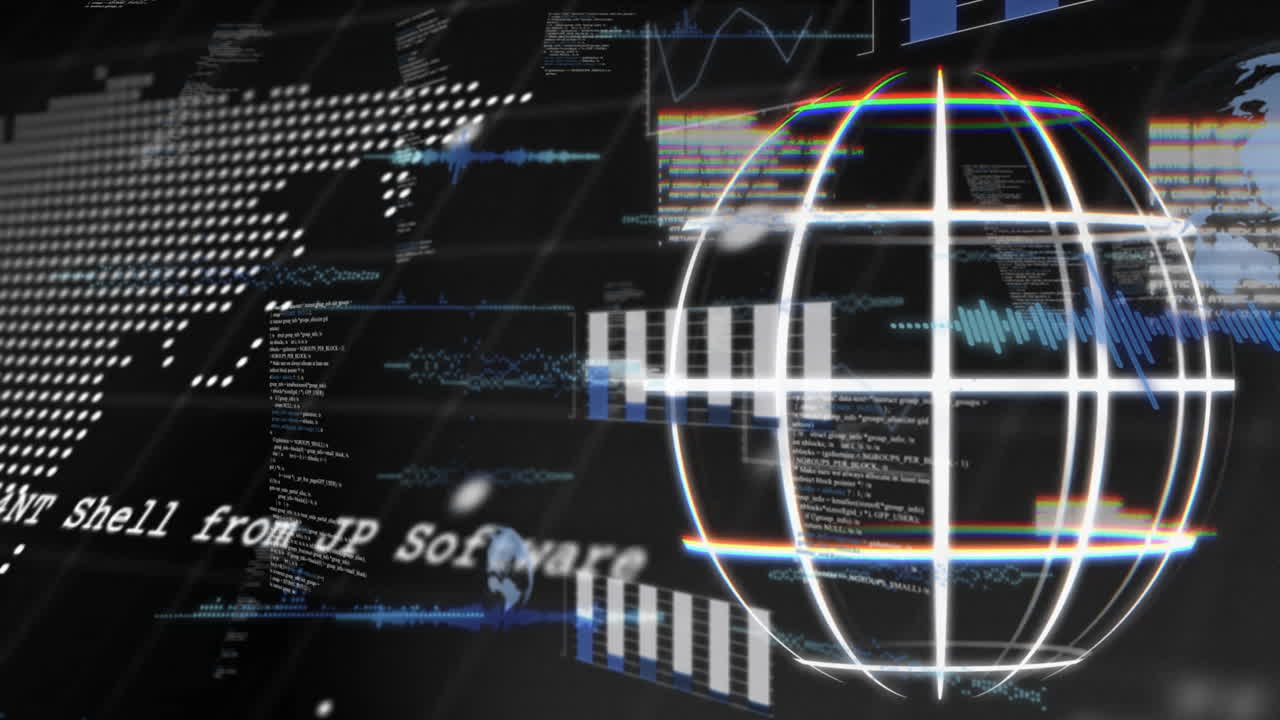 지구의 애니메이션과 검은 바탕의 디지털 데이터 처리