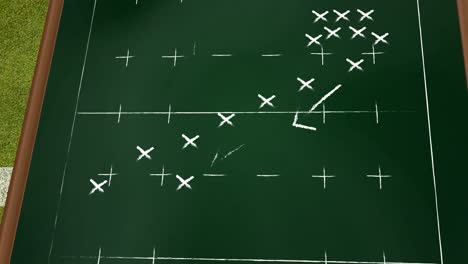 animazione della strategia di una partita di calcio su una lavagna nera contro l'erba verde