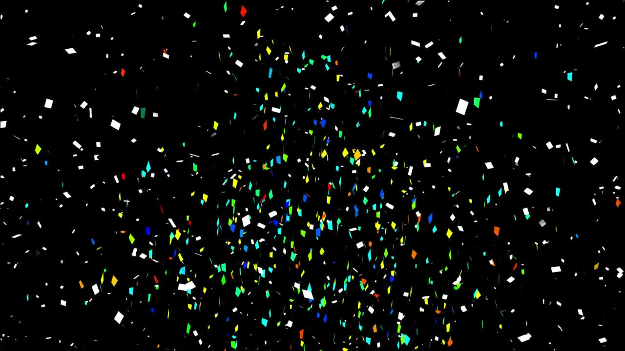 Animation of multi coloured confetti falling against black background