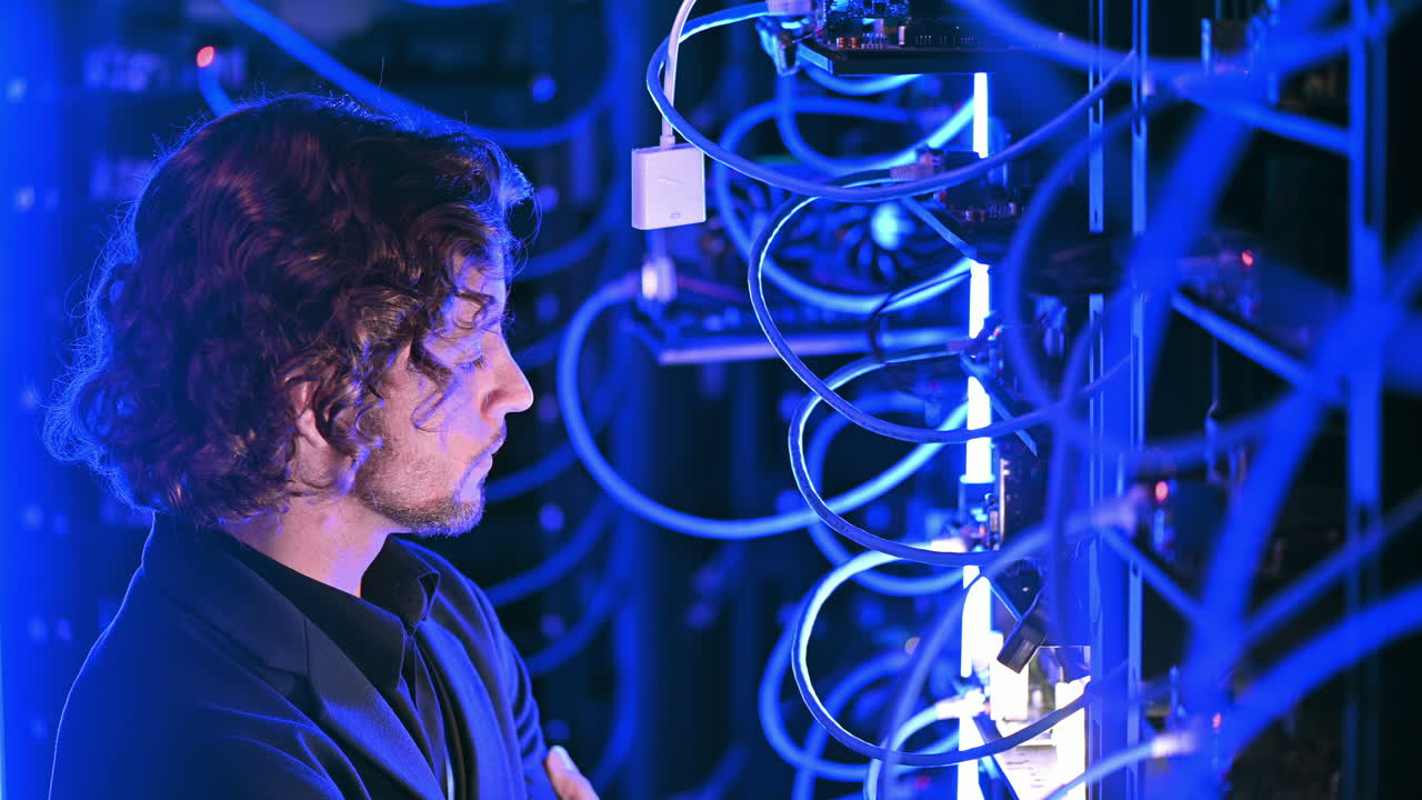 Man analysing servers in a data center