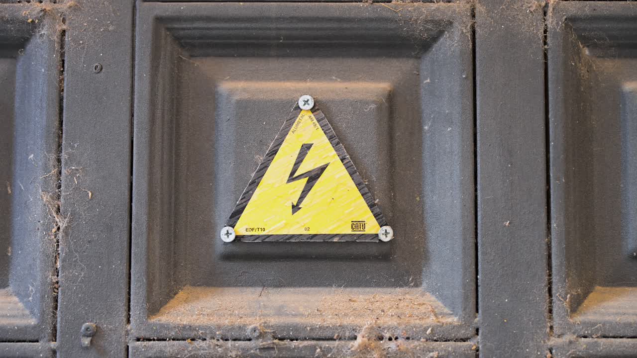 An electric hazard warning sign, triangle-shaped and yellow, is displayed on a door to indicate potential danger.
