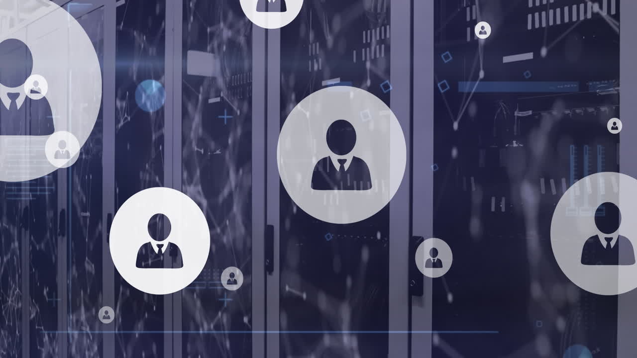Nätverk och personikoner som rör sig över datorservrar