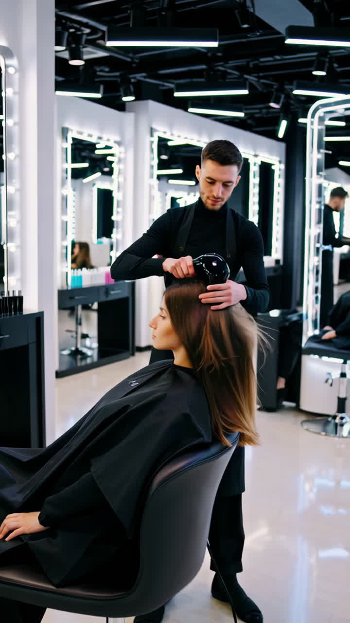 Hairdresser Blow Drying Client's Hair in a Modern Salon
