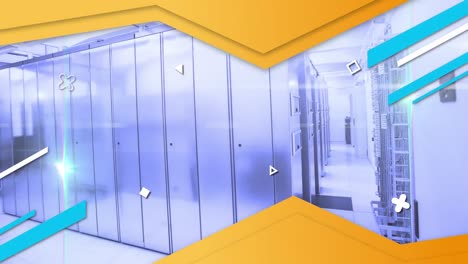 animación de formas abstractas sobre puntos de luz contra la sala de servidores de computadora
